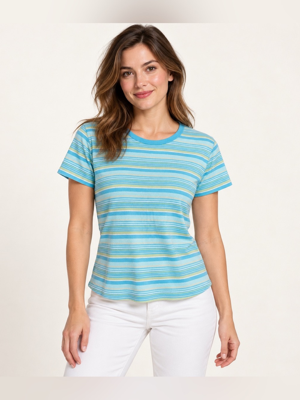 Erika & Co Petites Women’s PM Blue Green Striped Cotton Blend Short Sleeve Top